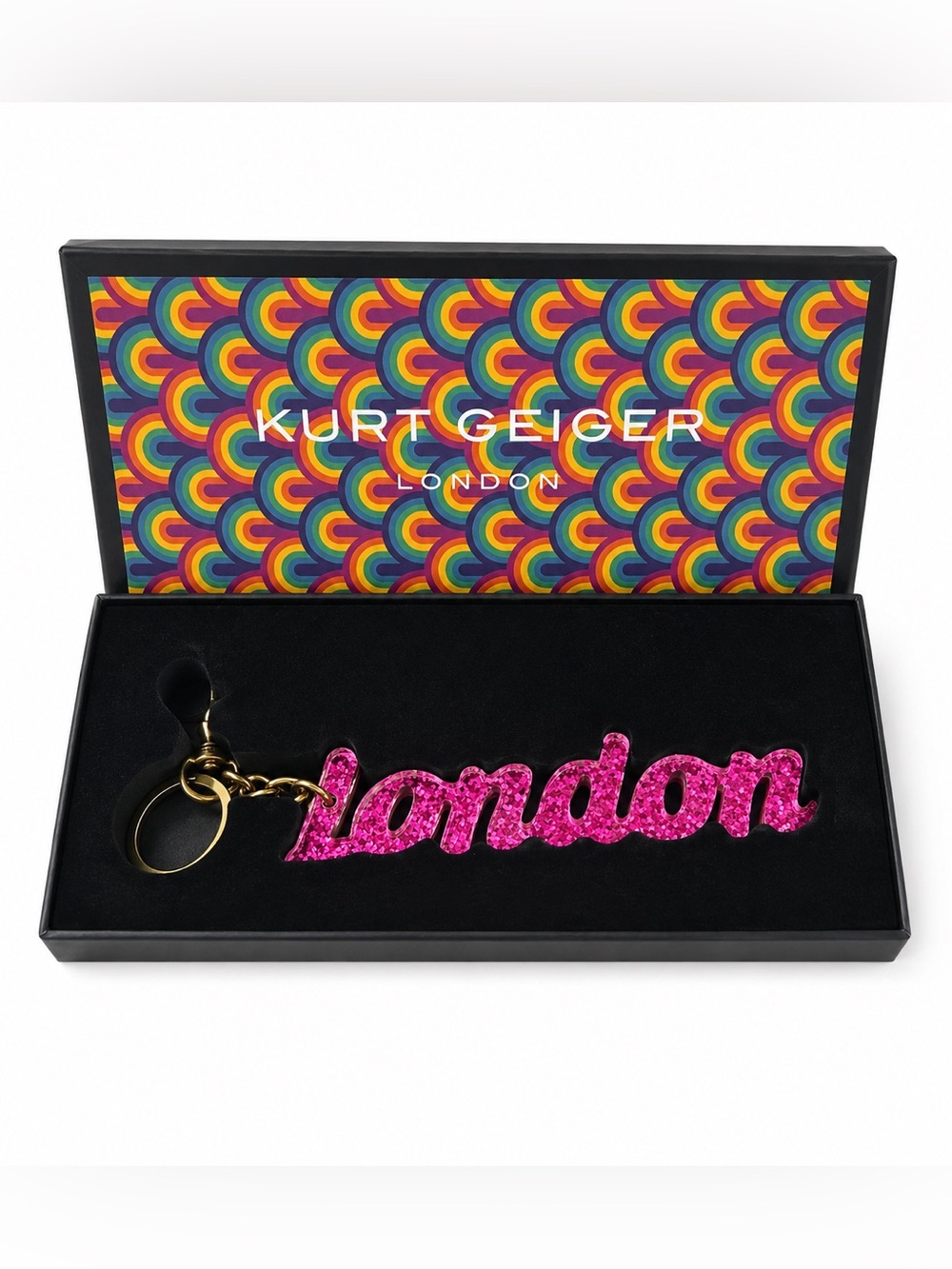 Kurt Geiger London Pink Glitter London Keyring Bag Charm Keychain NIB